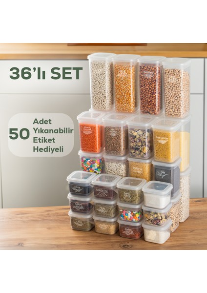 433-6 36'lı Kare Etiketli Gıda Erzak Baharat Saklama Kabı Seti 12X(0.60+1.30+1.90 lt) Şeffaf