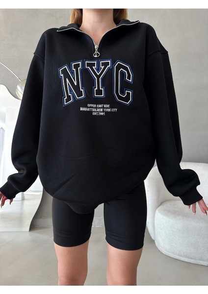 Nyc Nakışlı Fermuarlı Sweatshirt