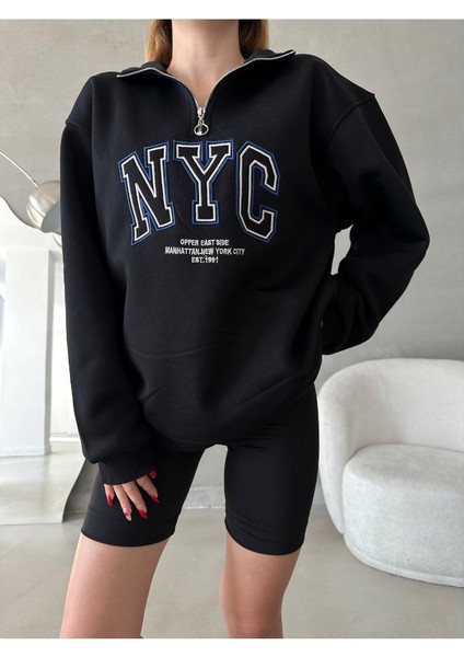 Nyc Nakışlı Fermuarlı Sweatshirt