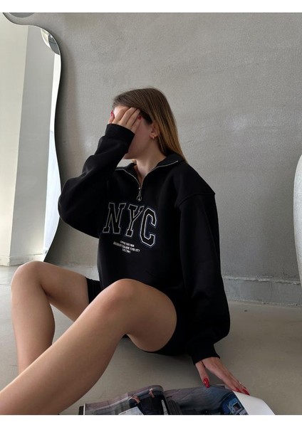 Nyc Nakışlı Fermuarlı Sweatshirt