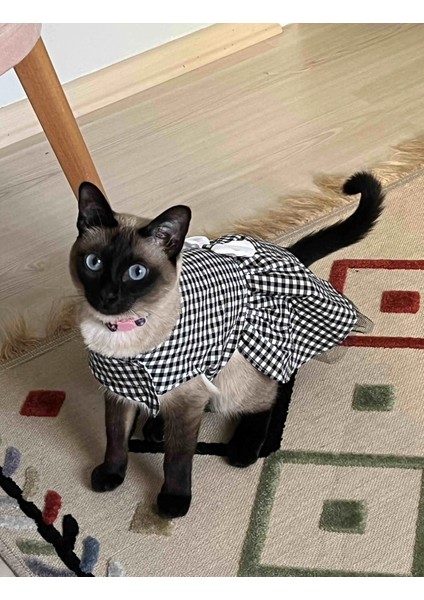Beyaz Siyah Kareli Dişi Kedi Köpek Kıyafeti Elbisesi