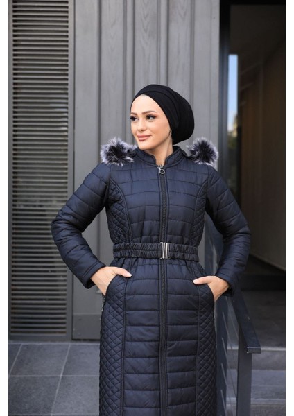 Kapşonlu Kapitone Uzun Tesettür Kadın Şişme Mont/kaban ST2146