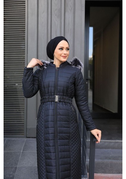 Kapşonlu Kapitone Uzun Tesettür Kadın Şişme Mont/kaban ST2146