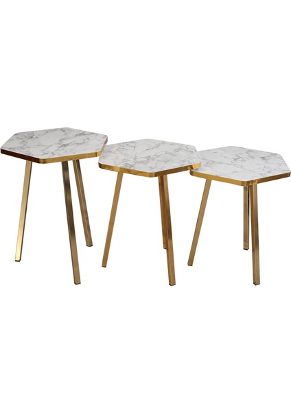 3 LÜ ZİGON SEHPA Vionessa Furniture HEXAGON COFFE TABLE METAL P20 LEGS COVE GOLD CARRE