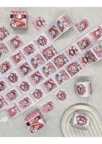 Sevi ml i Pembe Şapkalı Kız Tek Tek Çıkartmalı Washi Bant Sticker Çıkartma bullet Journal Defter