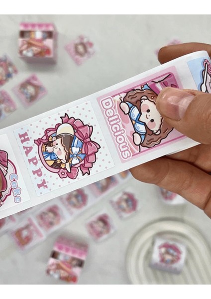 Sevi ml i Pembe Şapkalı Kız Tek Tek Çıkartmalı Washi Bant Sticker Çıkartma bullet Journal Defter
