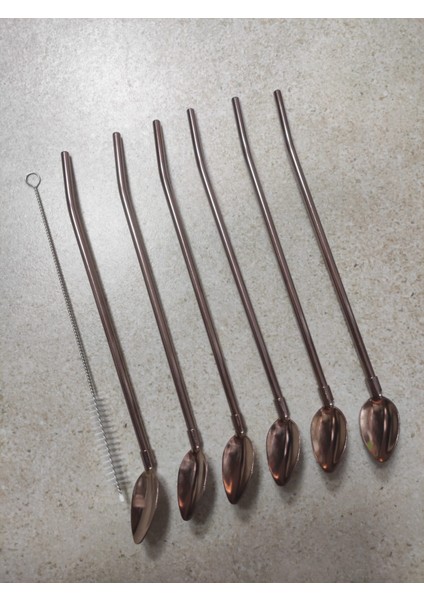 6'lı Paslanmaz Krom Pipetli Kokteyl Bar Kaşığı ve Temizleme Fırçası, Pipetli Latte Kaşığı 22 cm