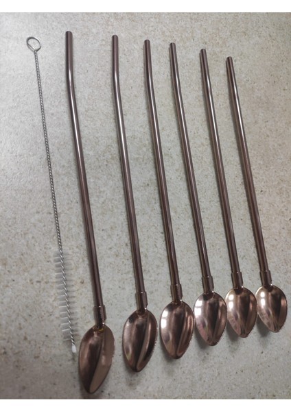 6'lı Paslanmaz Krom Pipetli Kokteyl Bar Kaşığı ve Temizleme Fırçası, Pipetli Latte Kaşığı 22 cm