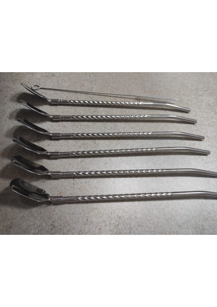 6'lı Paslanmaz Krom Pipetli Kokteyl Bar Kaşığı ve Temizleme Fırçası, Pipetli Latte Kaşığı 22 cm
