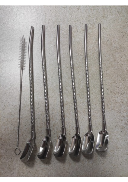 6'lı Paslanmaz Krom Pipetli Kokteyl Bar Kaşığı ve Temizleme Fırçası, Pipetli Latte Kaşığı 22 cm
