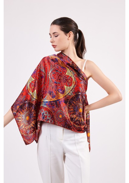 100% Ipek Şal Fular | Mandala Desen | 140 cm | Kırmızı