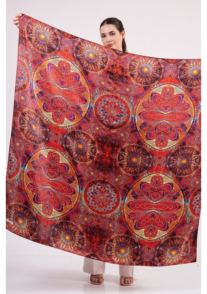 100% Ipek Şal Fular | Mandala Desen | 140 cm | Kırmızı fiyatları