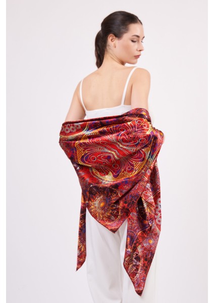 100% Ipek Şal Fular | Mandala Desen | 140 cm | Kırmızı fırsatları