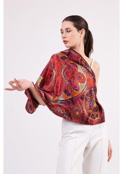 100% Ipek Şal Fular | Mandala Desen | 140 cm | Kırmızı indirimleri