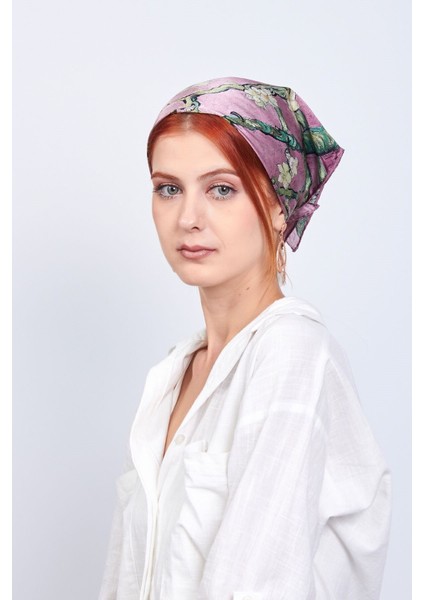 %100 Ipek Fular Bandana | 55X55 cm | Gül Kurusu Van Gogh Badem Ağacı | Nomads Felt