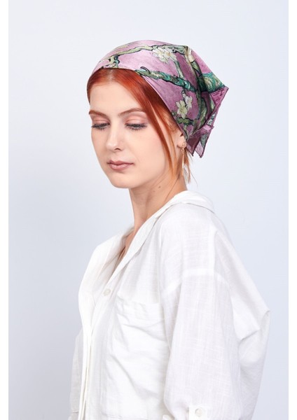 %100 Ipek Fular Bandana | 55X55 cm | Gül Kurusu Van Gogh Badem Ağacı | Nomads Felt