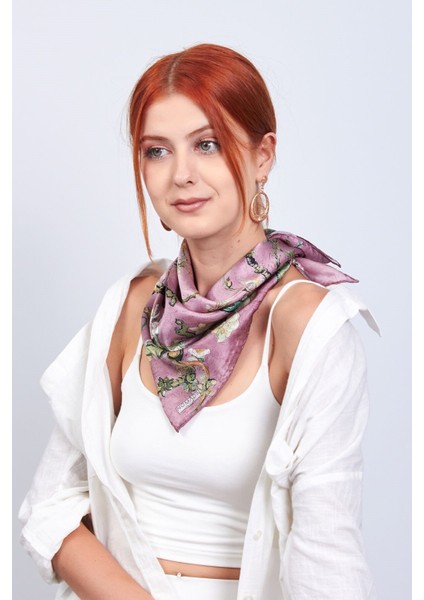%100 Ipek Fular Bandana | 55X55 cm | Gül Kurusu Van Gogh Badem Ağacı | Nomads Felt