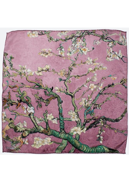 %100 Ipek Fular Bandana | 55X55 cm | Gül Kurusu Van Gogh Badem Ağacı | Nomads Felt