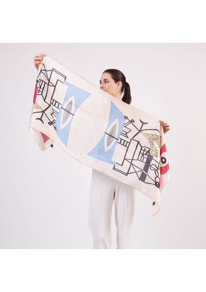 Vual Ipek Fular | 55X180 cm | Ekru Desenli | Nomads Felt