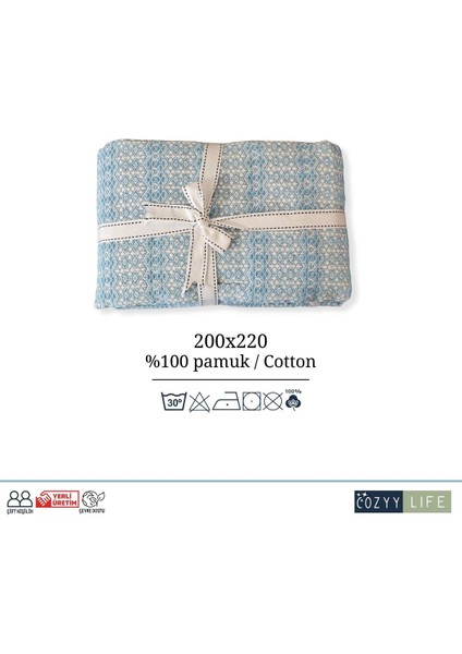 Organik %100 Pamuklu Pike | Yazlık & Kışlık | Destina Çift Kişilik | Koltuk & Yatak Örtüsü | Mavi & Beyaz | 200x220
