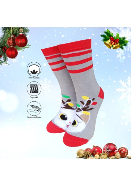 Tekli Unisex Yılbaşı Christmas Temalı Kedili Kışlık Havlu Soket Yeni Yıl Çorapları 37-40 fırsatları