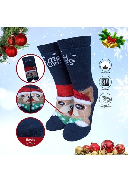 Tekli Unisex Yılbaşı Christmas Temalı Köpekli Kışlık Havlu Soket Yeni Yıl Çorapları 37-40