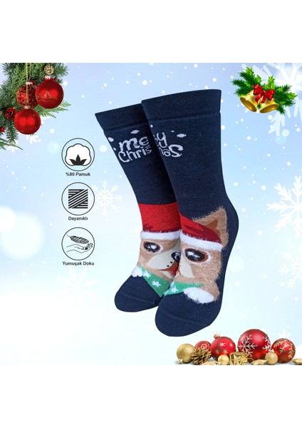 Tekli Unisex Yılbaşı Christmas Temalı Köpekli Kışlık Havlu Soket Yeni Yıl Çorapları 37-40 fırsatları