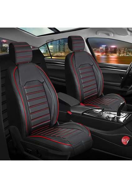 citroen C-Elysee Uyumlu Lüks Deri Oto Koltuk Kılıfı Ön Arka Takım Set Giydirme Model Siyah Kırmızı