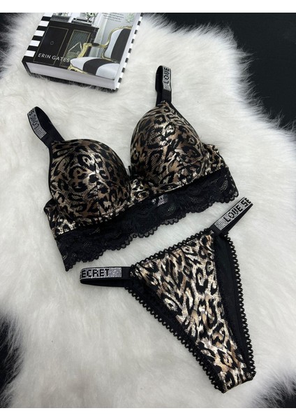 Taşlı Dolgulu Dantelli Sütyen Takım Leopar