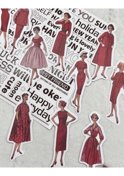 Retro Kıyafet Modası 40 Adet Kırmızı Paket Sticker /Etiket/Çıkartma/bullet Journal scrapbook Vintage modelleri
