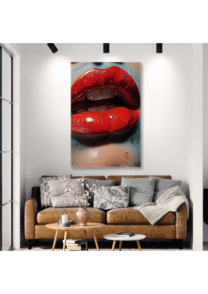Kırmızı Rujlu Dudaklar Lips Color Make Up Makyaj Dikey Kanvas Tablo