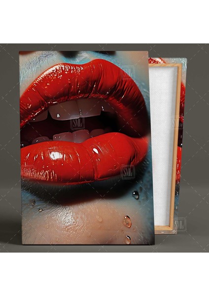 Kırmızı Rujlu Dudaklar Lips Color Make Up Makyaj Dikey Kanvas Tablo