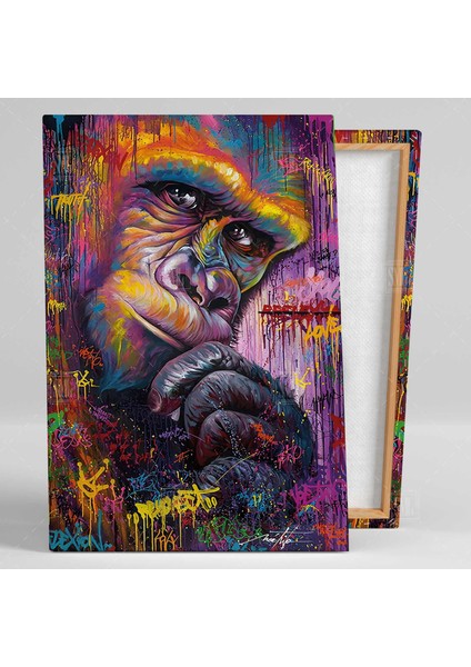 Düşünen Maymun Street Art Sokak Sanatı Şempanze Dikey Kanvas Tablo