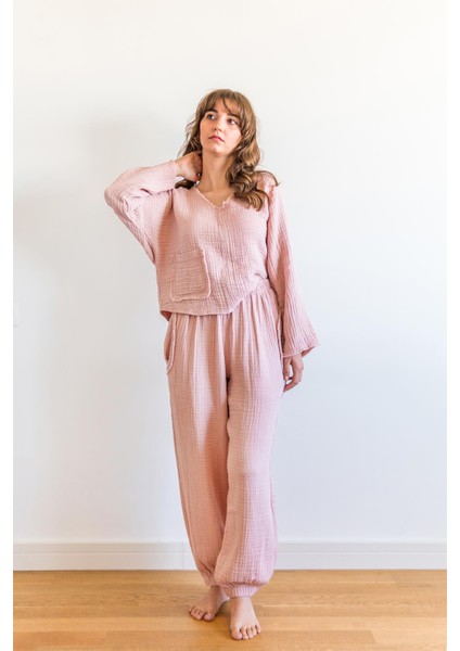 Lambert Müslin Lastikli Unisex Pantolon Pembe