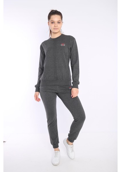 Kadın Antramelanj İki İplik Dikiş Detaylı Uzun Kol Sweatshirt Eşofman Takım - 7643