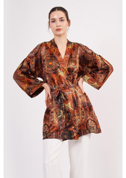 Saf Ipek Kısa Kimono Kaftan | Mandala Desen 6 Kahverengi | Nomads Felt