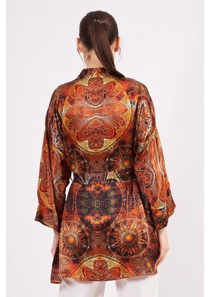 Saf Ipek Kısa Kimono Kaftan | Mandala Desen 6 Kahverengi | Nomads Felt fiyatları