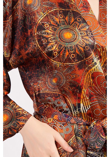 Saf Ipek Kısa Kimono Kaftan | Mandala Desen 6 Kahverengi | Nomads Felt modelleri
