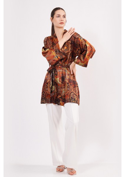 Saf Ipek Kısa Kimono Kaftan | Mandala Desen 6 Kahverengi | Nomads Felt fırsatları
