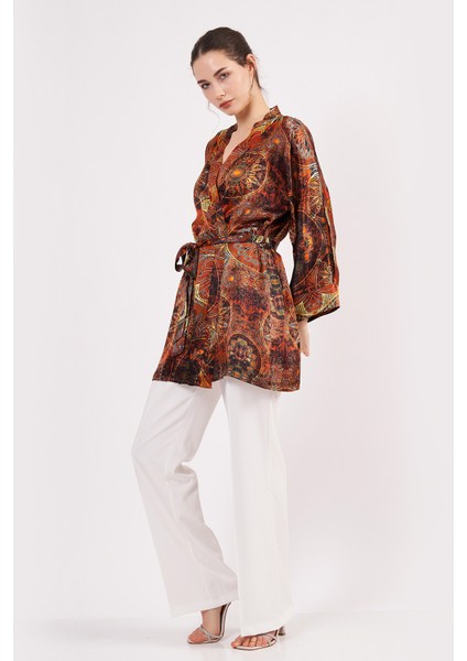 Saf Ipek Kısa Kimono Kaftan | Mandala Desen 6 Kahverengi | Nomads Felt indirimleri