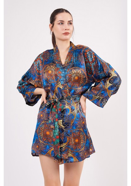 Nomads Felt Saf Ipek Kısa Kimono Kaftan | Mandala Desen 1 Mavi | Nomads Felt