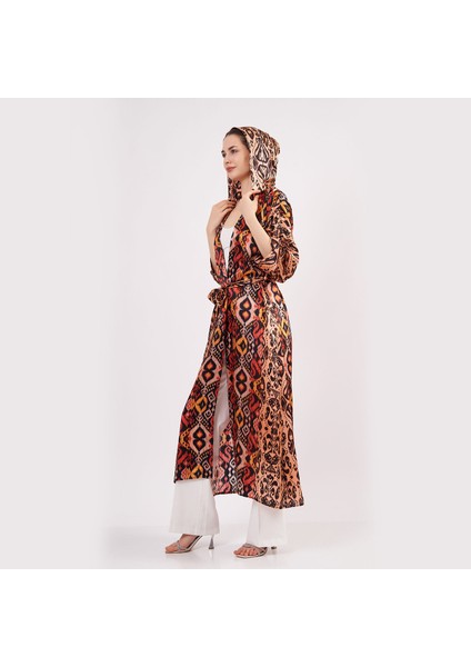 Saf Ipek Kapüşonlu Kimono Kaftan Ikat Desen 17 | Nomads Felt