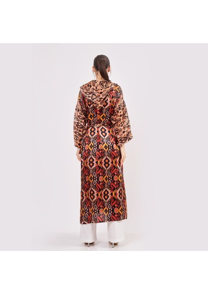 Saf Ipek Kapüşonlu Kimono Kaftan Ikat Desen 17 | Nomads Felt