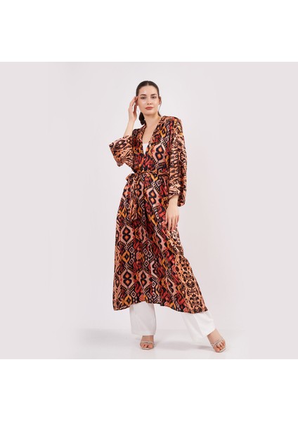 Saf Ipek Kapüşonlu Kimono Kaftan Ikat Desen 17 | Nomads Felt