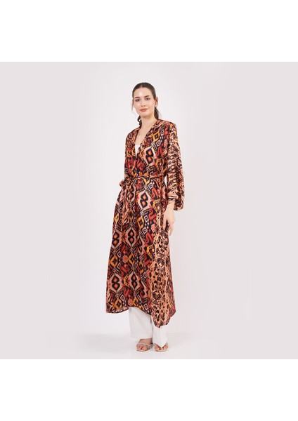 Saf Ipek Kapüşonlu Kimono Kaftan Ikat Desen 17 | Nomads Felt