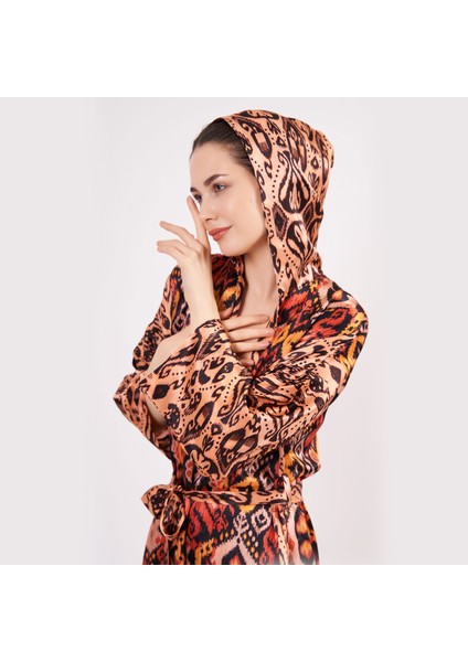 Saf Ipek Kapüşonlu Kimono Kaftan Ikat Desen 17 | Nomads Felt