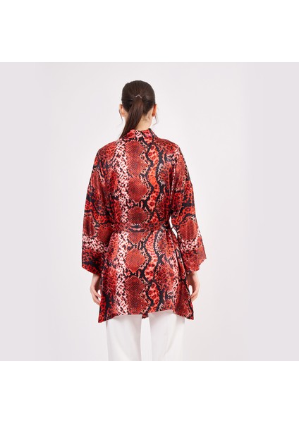 Saf Ipek Kısa Kimono Kaftan | Yılan Derisi Desen Kırmızı | Nomads Felt