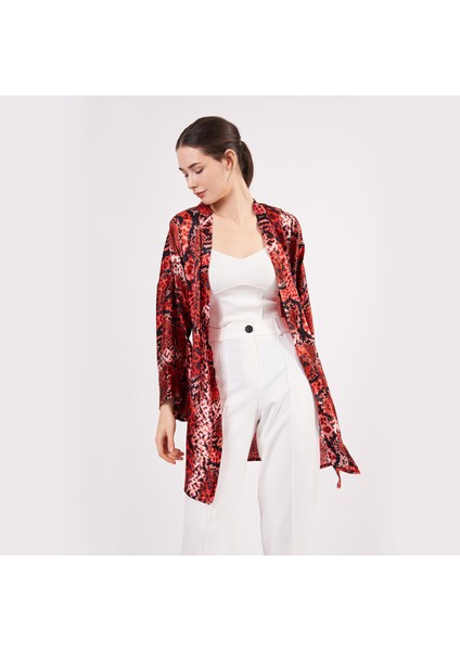 Saf Ipek Kısa Kimono Kaftan | Yılan Derisi Desen Kırmızı | Nomads Felt