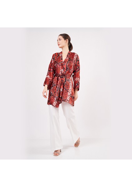 Saf Ipek Kısa Kimono Kaftan | Yılan Derisi Desen Kırmızı | Nomads Felt