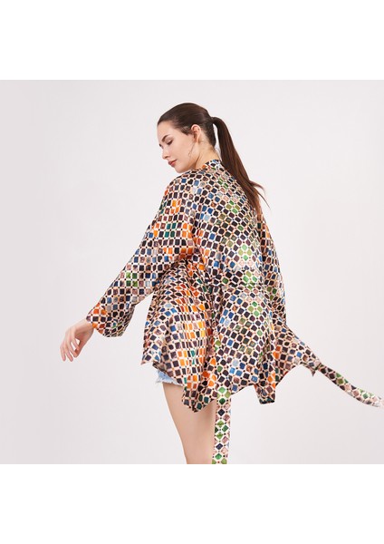 Saf Ipek Kısa Kimono Kaftan | Elhamra Desen 15 | Nomads Felt